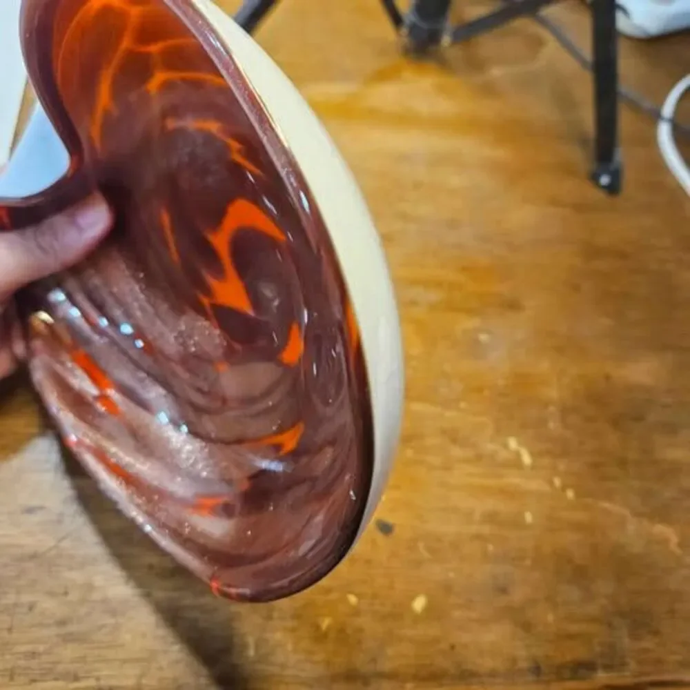 Art Glass Bowl Orange Brown White Swirl Design